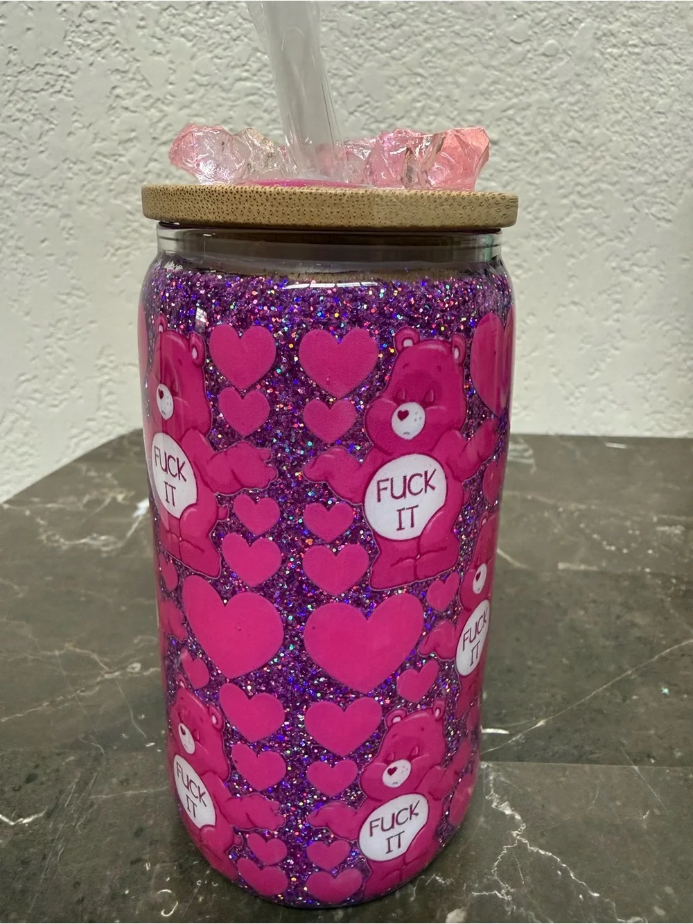 Swear Bear Fuk It Pink Glitter 12 oz Wine Glass Cup with Lid Handmade